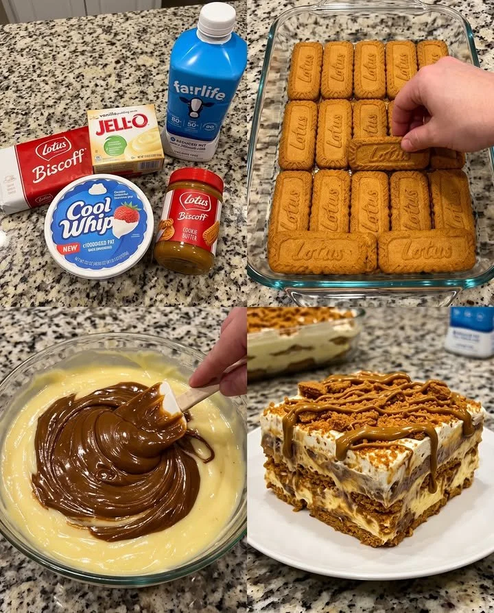 Lotus Biscoff Cookie Butter Icebox Cake topped with cookie crumbles and whipped cream