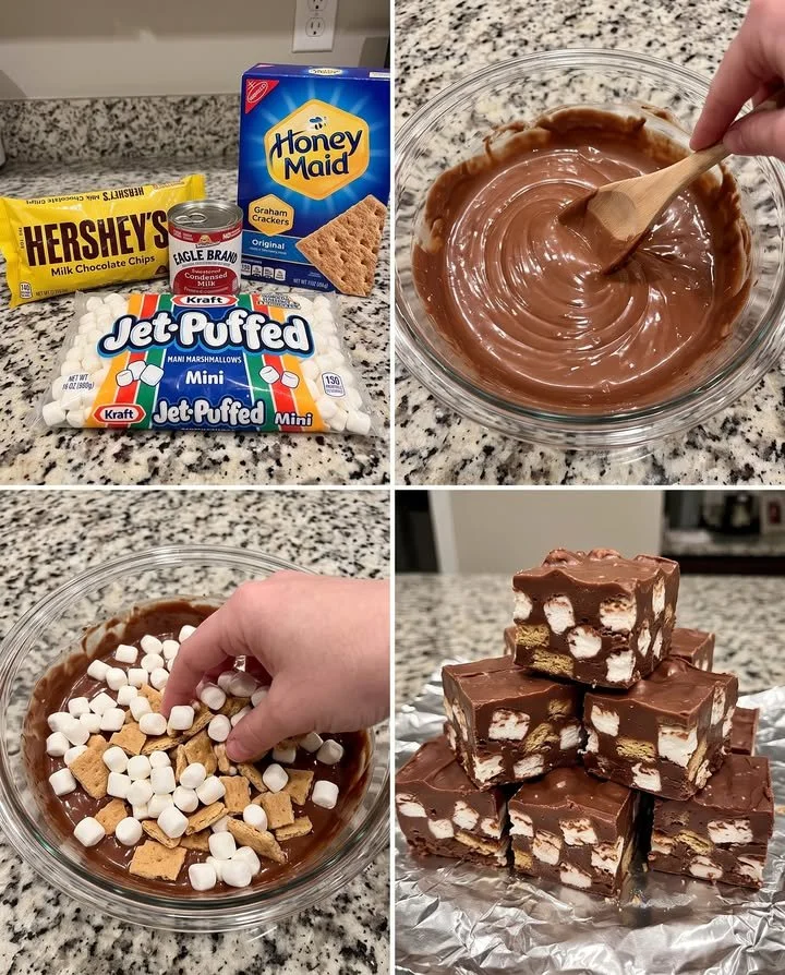 Delicious Microwave S'mores Fudge ready to enjoy, featuring marshmallows and chocolate.