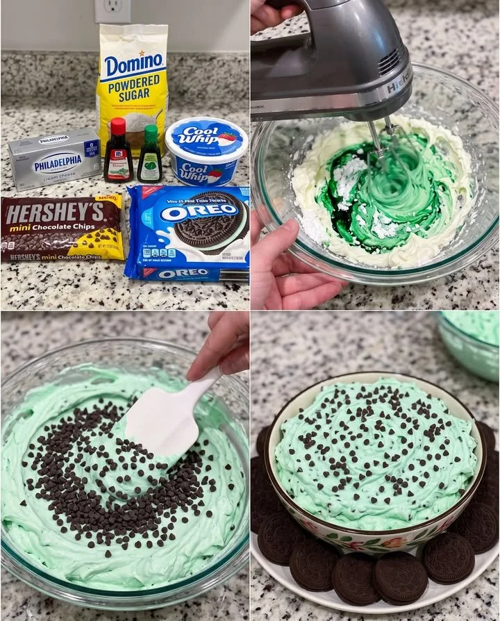 Mint Chocolate Chip Dessert Dip served in a bowl with a mint garnish
