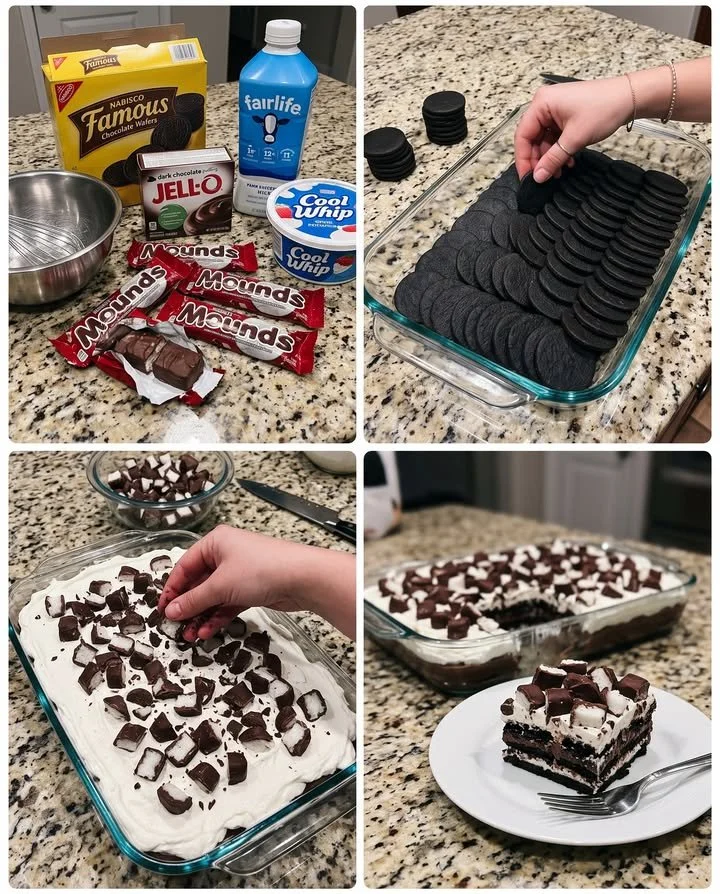 Mounds coconut dark chocolate icebox cake layered with rich chocolate and coconut.