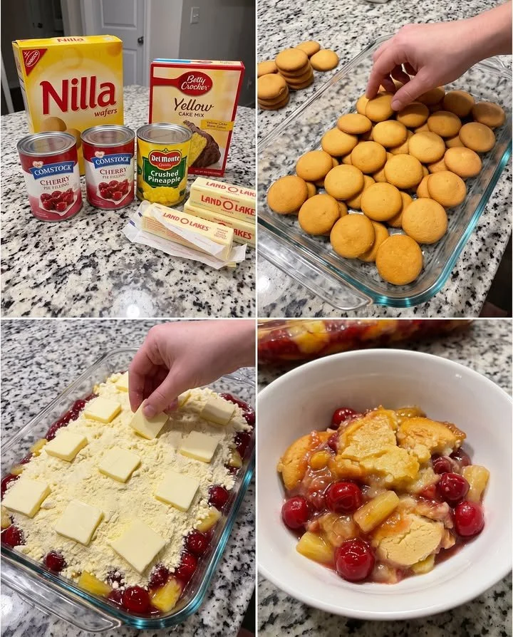 Delicious Nilla Wafers Banana Split Dump Cake topped with fruits and whipped cream