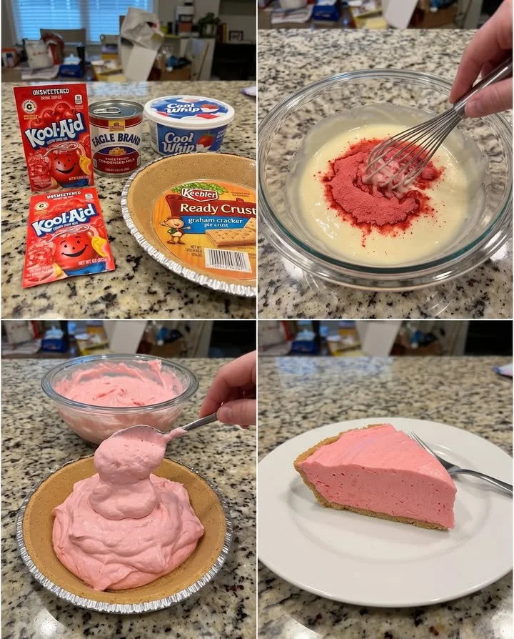 Slice of No-Bake Cherry Kool-Aid Pie with cherries on top