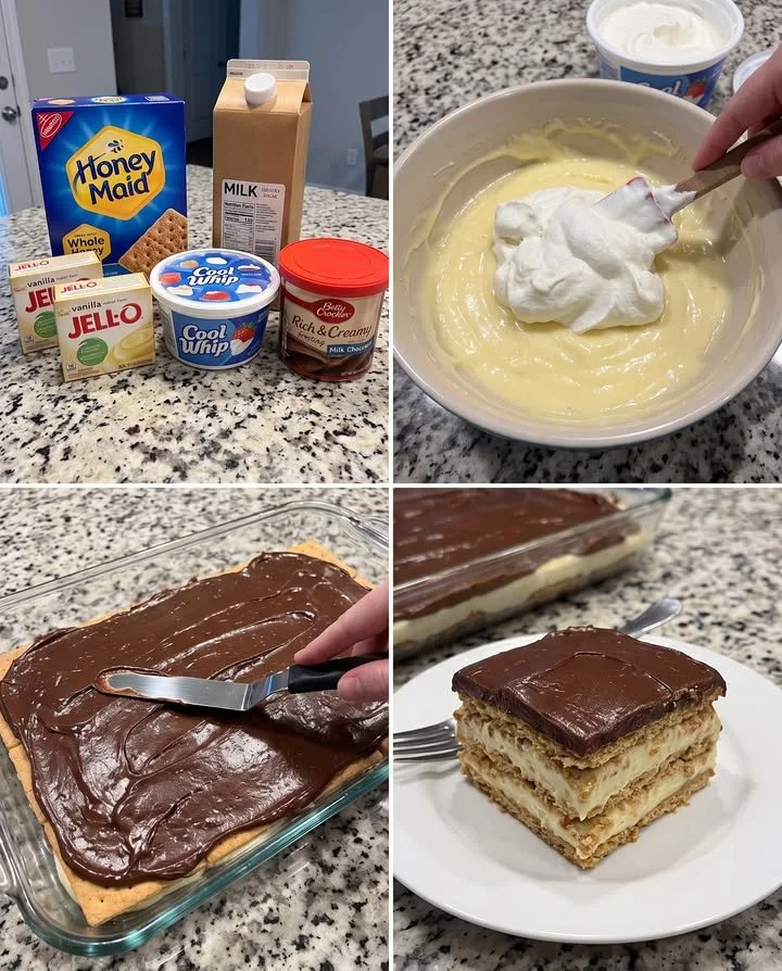 Delicious no-bake chocolate eclair cake layered with chocolate and cream