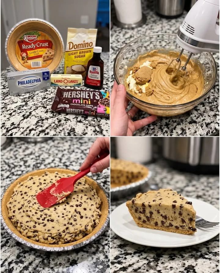 Delicious no-bake cookie dough pie with chocolate chips on top