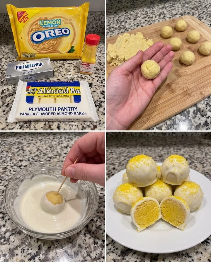 No-bake lemon Oreo truffles on a plate, garnished with lemon zest