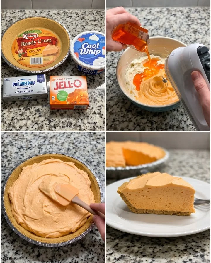 No-Bake Orange Creamsicle Pie topped with whipped cream and orange slices