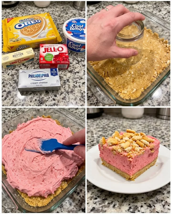 Delicious no-bake strawberry crunch bars topped with crunchy strawberry layer