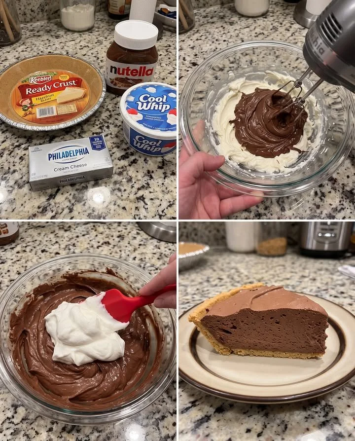 Delicious Nutella No-Bake Pie topped with chocolate and hazelnuts