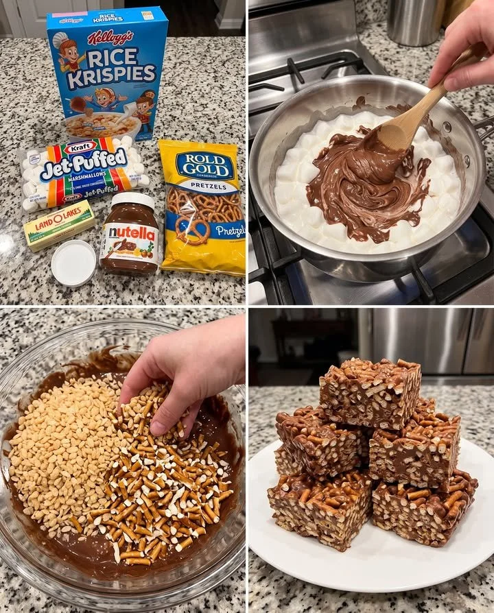 Nutella Pretzel Treats with chocolate drizzle and pretzel crunch
