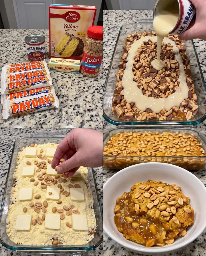 Delicious PayDay Salted Caramel Dump Cake topped with caramel and peanuts