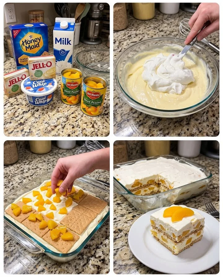 Delicious Peaches and Cream Icebox Cake served on a plate with fresh slices of peach.
