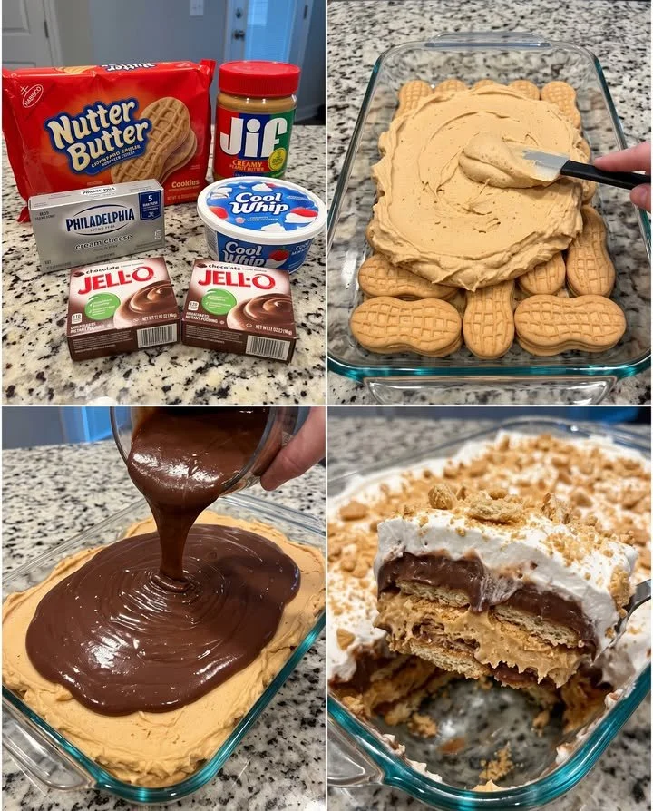 Delicious Peanut Butter Chocolate Lasagna with chocolate layers and peanut butter cream