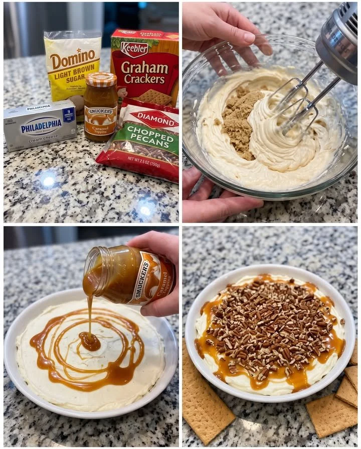 Creamy pecan pie dessert dip served in a bowl with a spoon