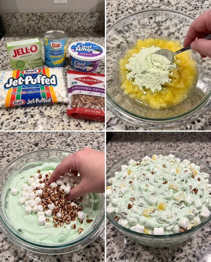 Delicious Pistachio Watergate Salad served in a bowl with toppings.