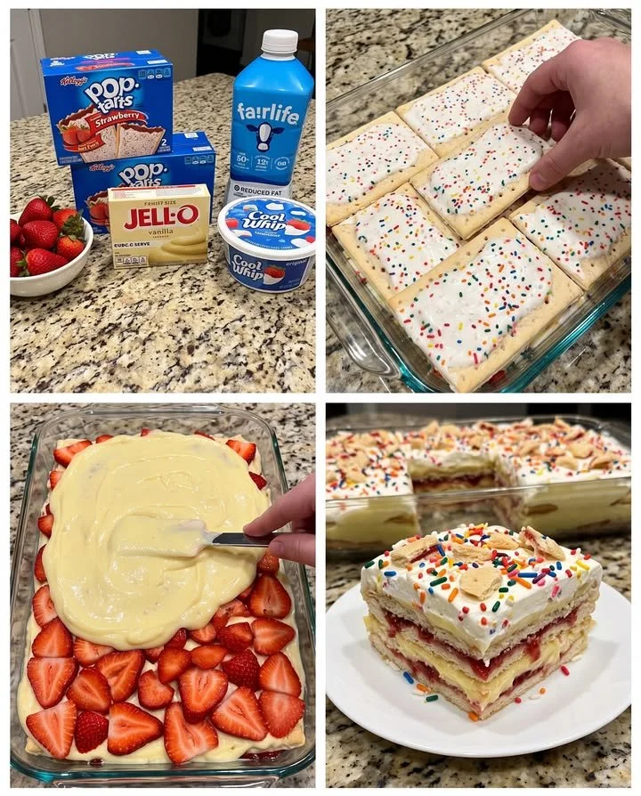 Delicious Pop-Tarts Strawberry Icebox Cake with layers of strawberries and cream.