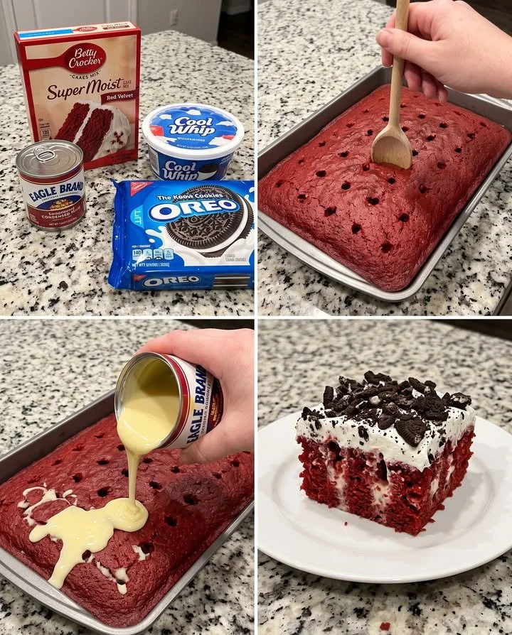 Delicious Red Velvet Oreo Poke Cake topped with creamy frosting and Oreos.