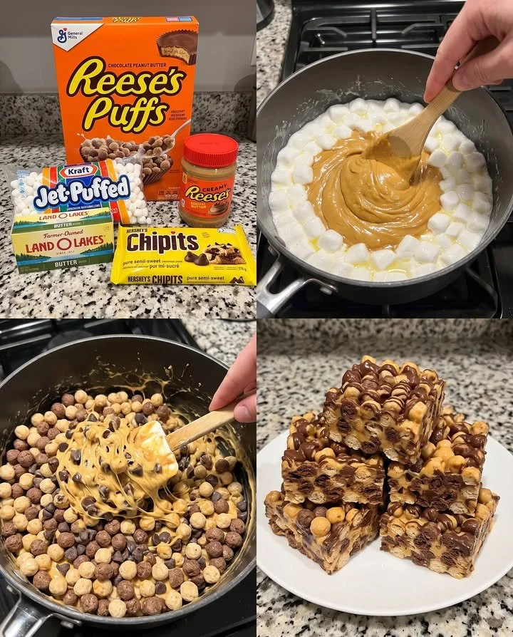 Delicious Reese's Puffs chocolate peanut butter treats on a plate