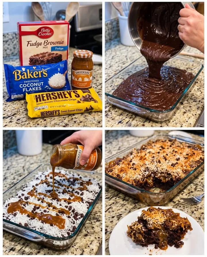 Samoas Brownie Dump Cake topped with chocolate and coconut, delicious dessert recipe