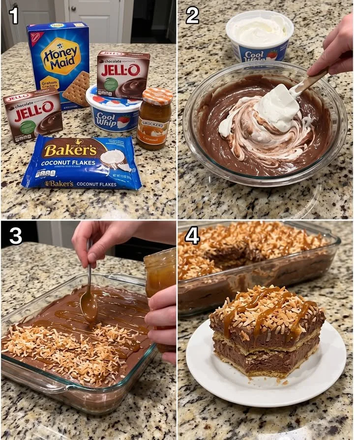 Delicious Samoas Icebox Cake layered with chocolate and caramel flavors