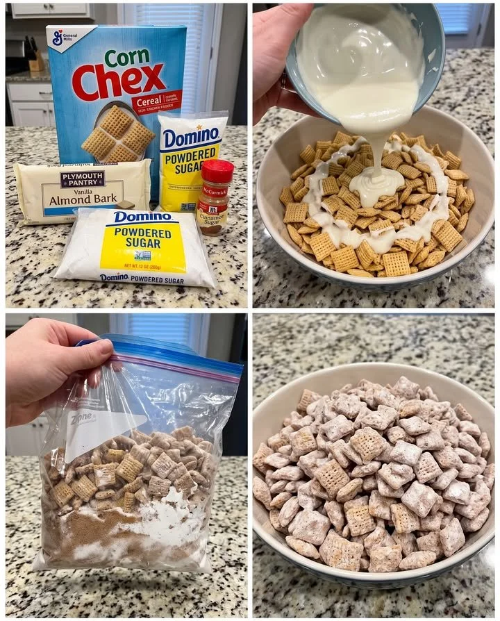Bowl of snickerdoodle muddy buddies with cinnamon sugar coating