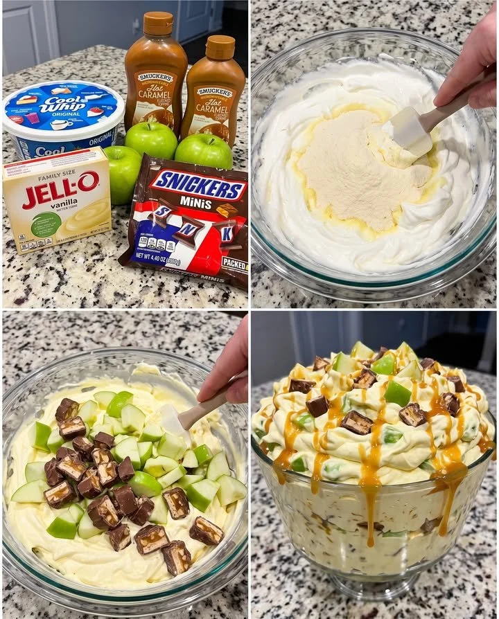 Delicious Snickers Caramel Apple Salad with apples, caramel, and Snickers bars