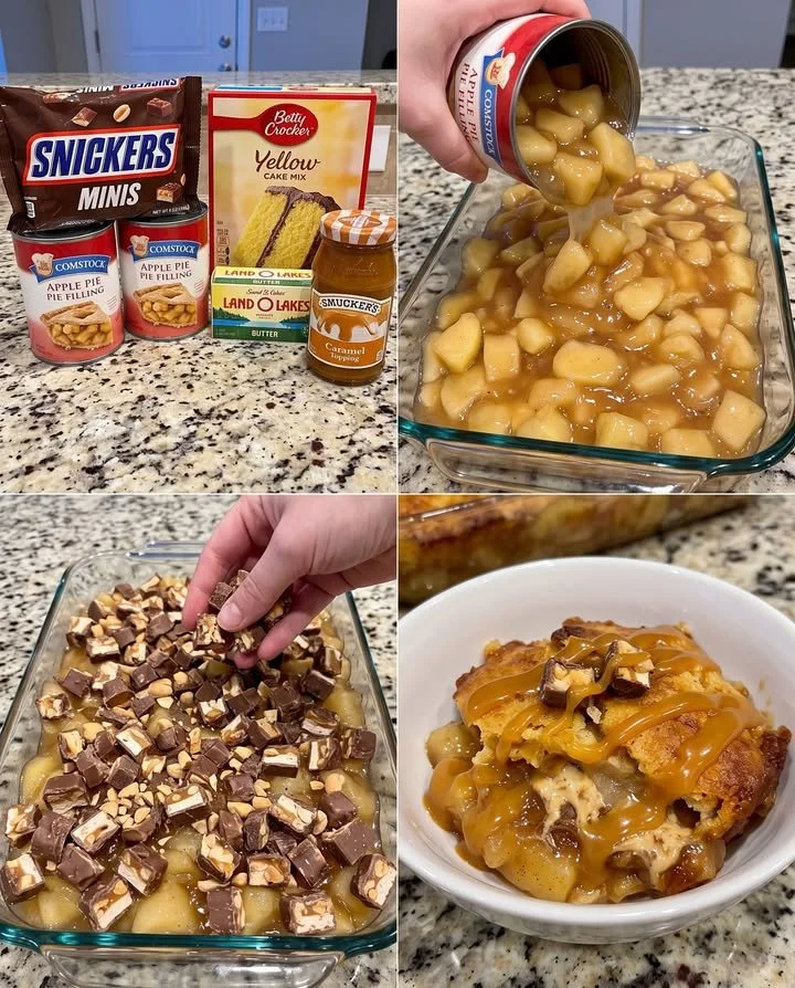 Snickers Peanut Butter Apple Dump Cake topped with caramel and peanuts