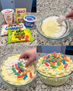 Sour Patch Kids Rainbow Fluff dessert with colorful candy pieces