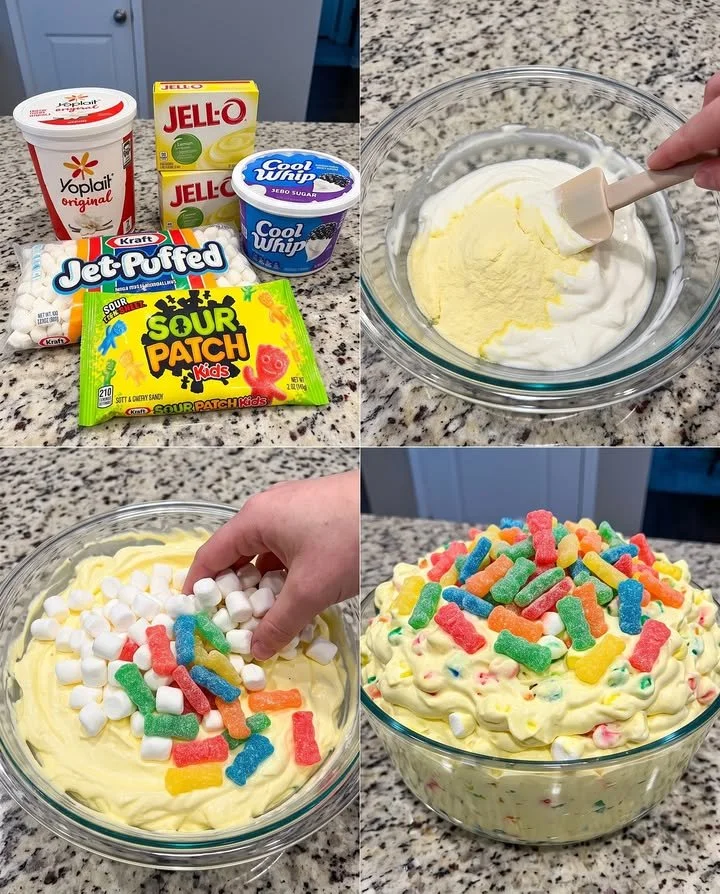 Sour Patch Kids Rainbow Fluff dessert with colorful candy pieces