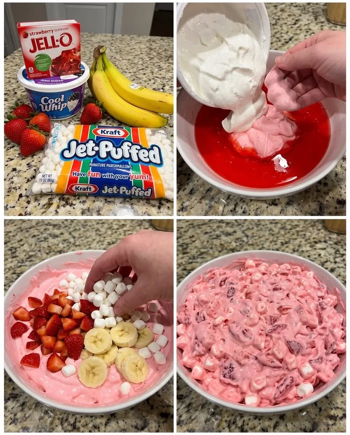 Delicious Strawberry Banana Fluff Salad served in a bowl with fresh fruits
