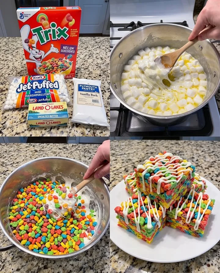 Trix Cereal Rainbow Crispy Treats with vibrant colors and marshmallows