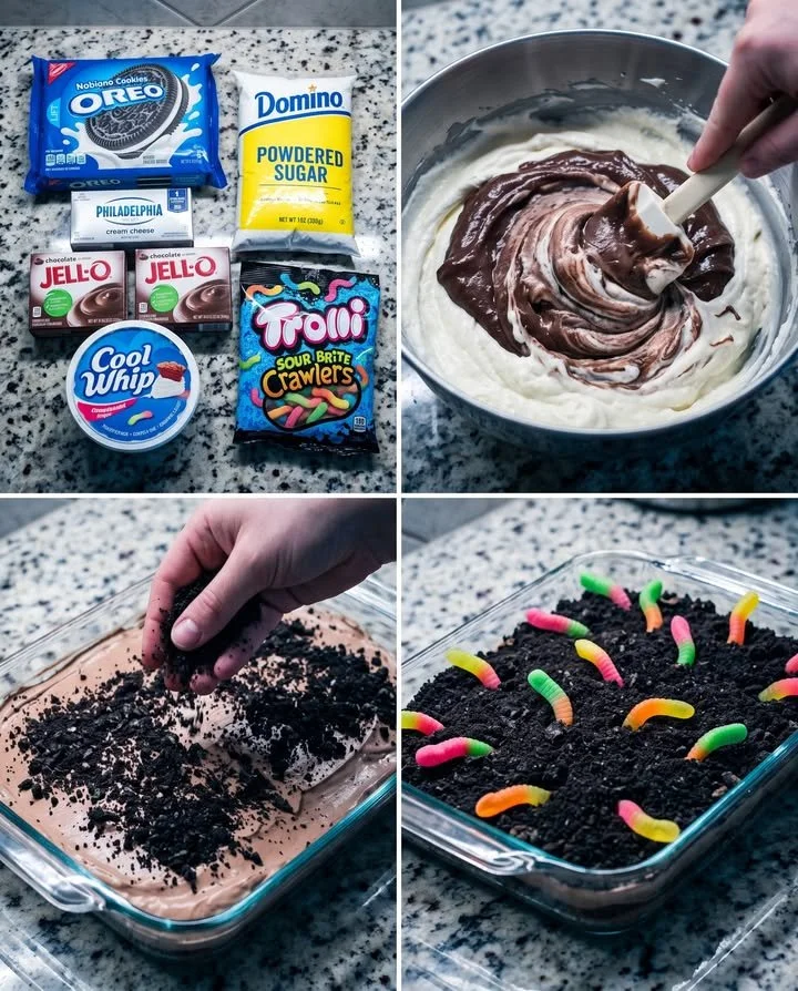 Trolli Dirt Cake Dessert featuring gummy worms and chocolate dirt.