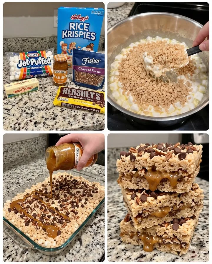 Turtle Rice Krispie Treats topped with caramel, chocolate, and pecans.