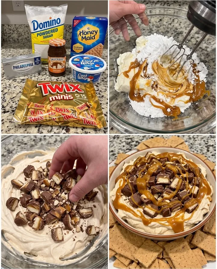 Twix Caramel Cheesecake Dip served with graham crackers